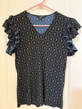 Lauren by Ralph Lauren Navy and Gold Chain-Pattern Blouse